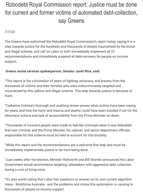 Paul_Karp's tweet photo. Curious statement from  Greens about robodebt noting "lack of accountability from the [unnamed] prime minister on down" - then only criticism of Labor &amp; Shorten (who weren't responsible).

I seem to remember a lot of other names that cropped up in the royal commission report!!! https://t.co/dmad2SeqiF