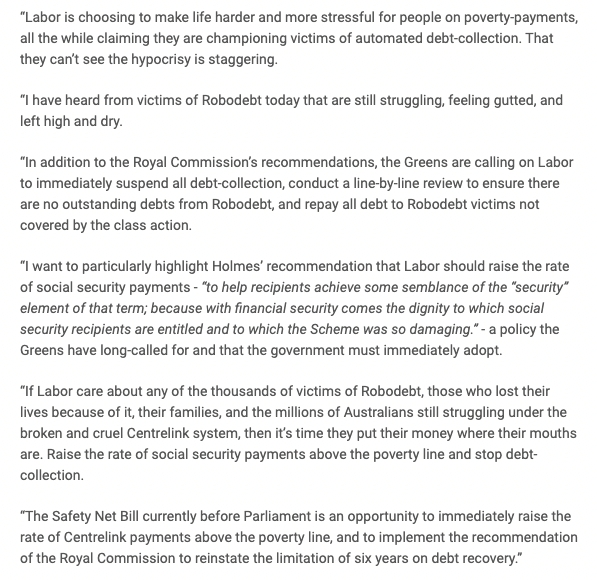 Paul_Karp's tweet photo. Curious statement from  Greens about robodebt noting "lack of accountability from the [unnamed] prime minister on down" - then only criticism of Labor &amp; Shorten (who weren't responsible).

I seem to remember a lot of other names that cropped up in the royal commission report!!! https://t.co/dmad2SeqiF