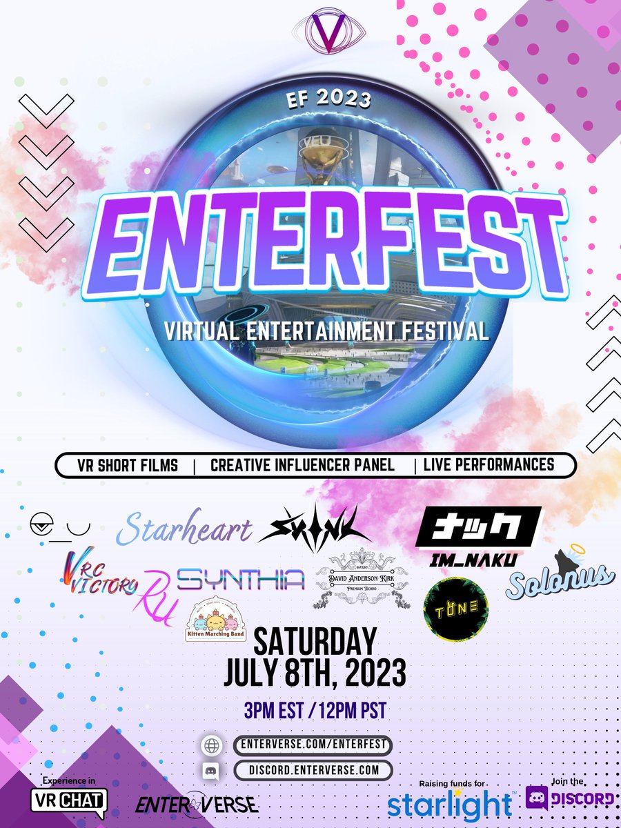 Hey fellow #VRchat fam, I'm co-hosting a big festival in VR with @VirtuaLilly sponsored by <a href="/VEUverse/">VEU | Enterverse</a> in support of <a href="/StarlightUS/">starlightUS</a> !

We'll be running a fundraiser stream and will be featuring the music of @FallingServo <a href="/ToneVtuber/">🌻T o n e Debut 4/4🌻</a> <a href="/im_naku/">naku</a> <a href="/SYNTHIASISTERS/">SYNTHIA</a> and more! 

Links below!