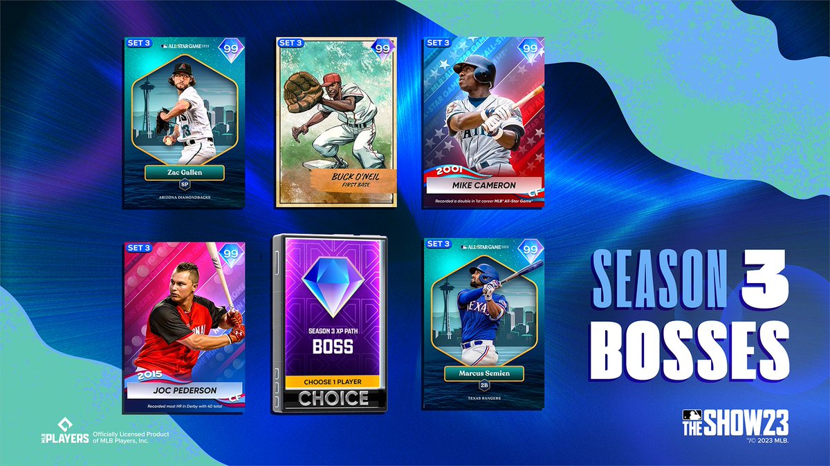 MLBTheShow's tweet photo. Let's take a look at members of the Boss Choice Pack that you can earn in the Season 3 XP Reward Path!

💎 Buck O'Neil
💎 Retro HRD Joc Pederson
💎 #AllStar Marcus Semien
💎 New Legend Mike Cameron
💎 #AllStar Zac Gallen

#MLBTheShow https://t.co/v8XtUHJe56