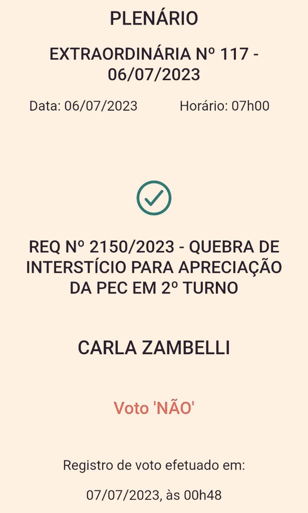 ZambelliRita_'s tweet photo. Por 335 votos a 100, acaba de ser aprovada a quebra de interstício – que permite que se realize o 2º turno de votações de uma PEC sem que se observe o prazo regimental de 5 sessões. Meu voto foi contrário, por entender que o prazo é necessário para amadurecimento do debate.

O 2° turno está em andamento agora.

Mantemos nossa convicção de que essa não é a melhor reforma para o Brasil.