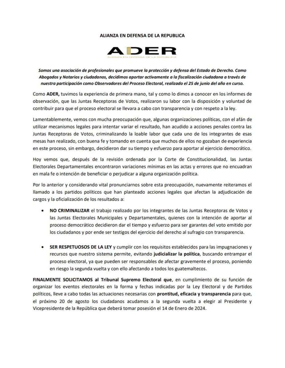 aderguate's tweet photo. Somos una asociación de profesionales que promueve la protección y defensa del Estado de Derecho. Dcidimos aportar activamente a la fiscalización ciudadana como Observadores del Proceso Electoral, realizado el 25 de junio del año en curso. https://t.co/0JDlBpI45q
