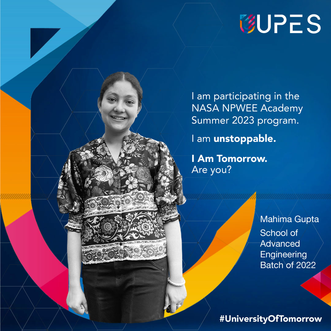 UPESDehradun's tweet photo. Mahima Gupta is poised to achieve greatness as she secures a coveted spot in NASA's prestigious NPWEE Summer 2023 program.
#UniversityOfTomorrow #UPES #SchoolOfAdvancedEngineering https://t.co/E4DjLfaTK6