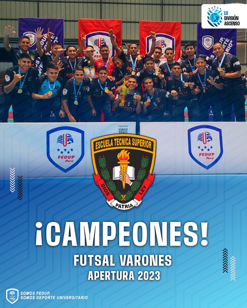 perufedup's tweet photo. ¡LA FUERZA POLICIAL! 💚⚽🏆🚨
La selección de la #EESTPP se consagró campeón de la Liga Universitaria de Futsal Varones División Ascenso Apertura 2023 🔝. El combinado policial jugará el próximo período en la División 1.

✍️ @oago2000

SOMOS FEDUP, SOMOS DEPORTE UNIVERSITARIO https://t.co/MnJbuG3w90