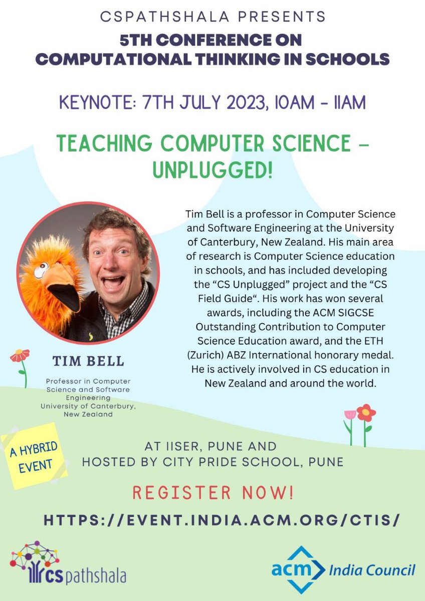 Our keynote speaker today is Tim Bell who will be talking to us on Teaching Computer Science -Unplugged! Tune in to know more
#computerscience #unplugged