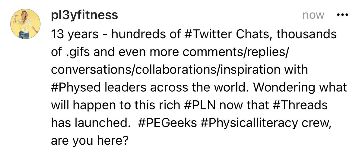 Meanwhile on #Threads 👇🏻

Is this the beginning of the end of our #PLN #Physed #PeGeeks? Is Twitter still the platform of choice for physical educators (at least for now?)

#askingforafriend  🙏😊