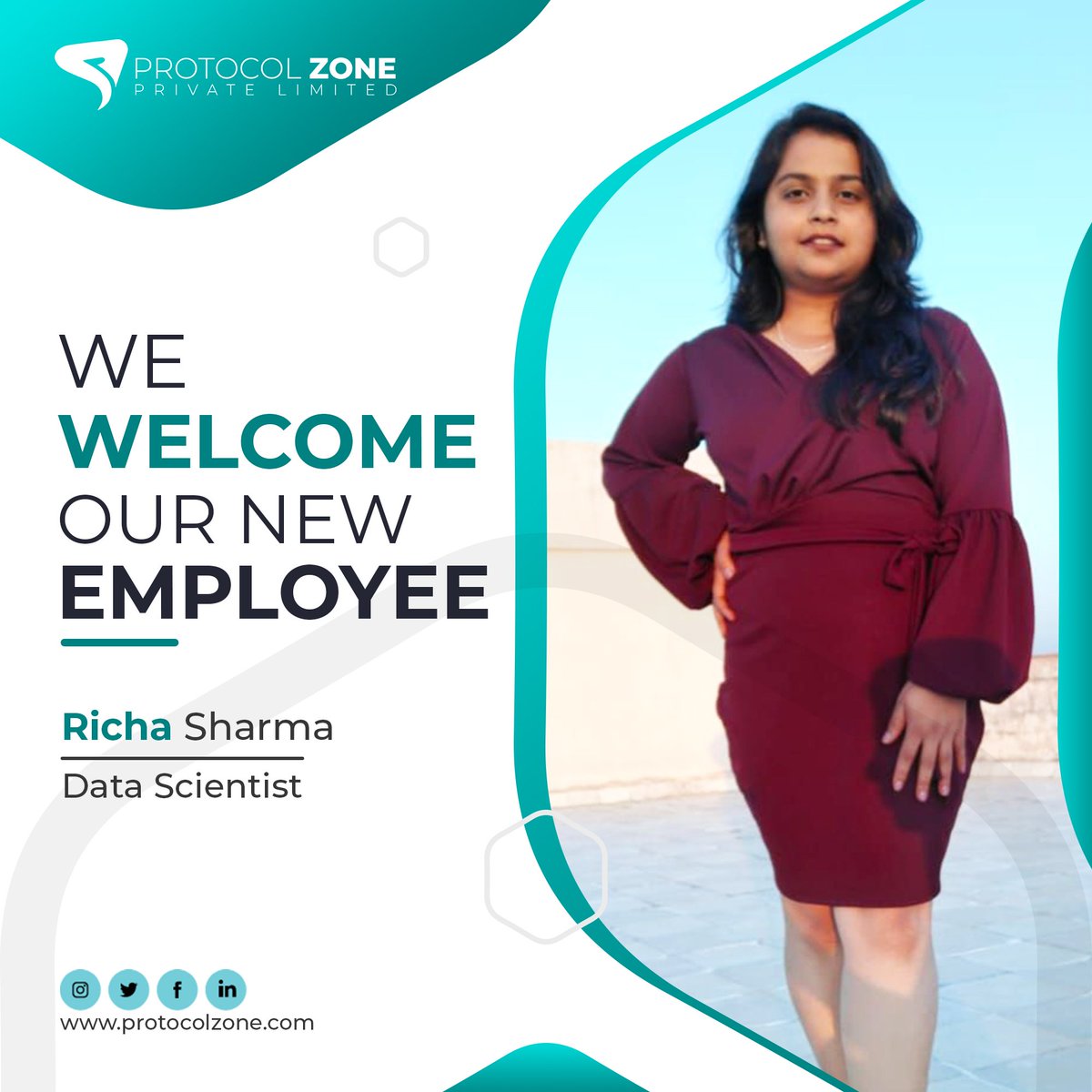 ProtocolZone's tweet image. We are pleased to introduce to Ms. Richa Sharma, our Data Scientist.

Welcome to the team Richa.
#Protocolzone #Protocolzonepvtltd #NewEmployee #datascientist #datascience #dataanalytics