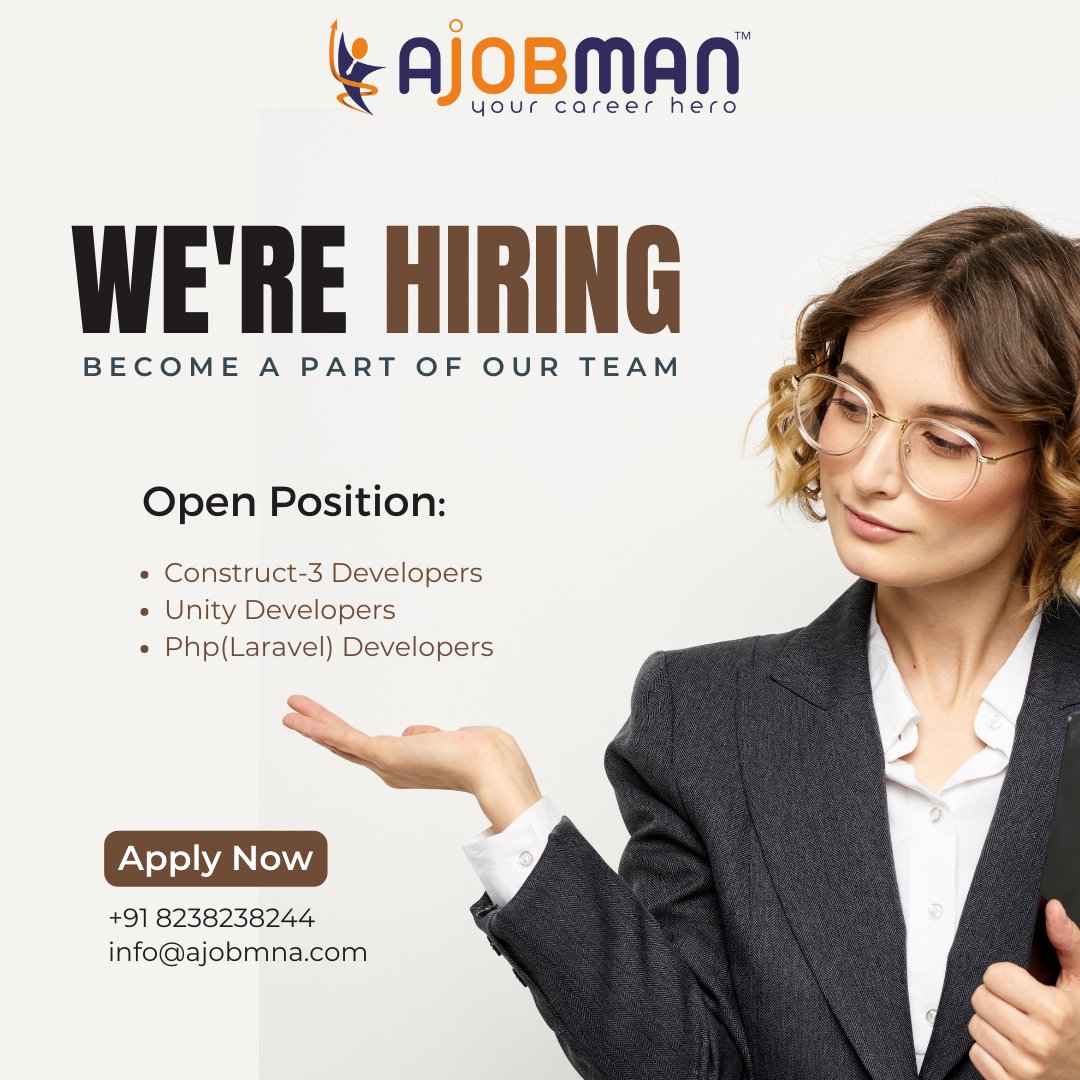 a_jobman's tweet image. We are Looking for
📍#laraveldevelopers
📍#Unitydevelopers
📍#Construct3developers
Exp.- min 1 & max 3 years
Position: 10+
Work From Office
💯% #JobPlacement
👉Terms & condition apply
🔖Send your CV & Contact Us more Detail:
+91 8238238244, info@ajobman.com
#jobconsultancy