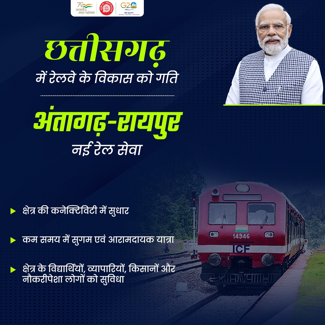 RailMinIndia's tweet photo. छत्तीसगढ़ में अंतागढ़-रायपुर नई रेल सेवा के संचालन से क्षेत्र में रेल कनेक्टिविटी में सुधार होगा, साथ ही विद्यार्थियों, व्यापारियों, किसानों और नौकरीपेशा लोगों को यात्रा का बेहतर विकल्प मिलेगा।

Watch live : https://t.co/s9Yrivk7Th
#RailInfra4Chhattisgarh https://t.co/PdOafrBLik