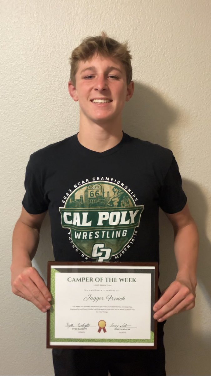 I had an awesome time at the Cal Poly wrestling camp where I was named “camper of the week”. I’ve been going to this great camp for many years and it gets better every time. Huge thanks to <a href="/ChrisChionuma/">Chewy</a> <a href="/JonSioredas/">Jon Sioredas</a> <a href="/evanwick/">Evan Wickham</a> @ETRoto