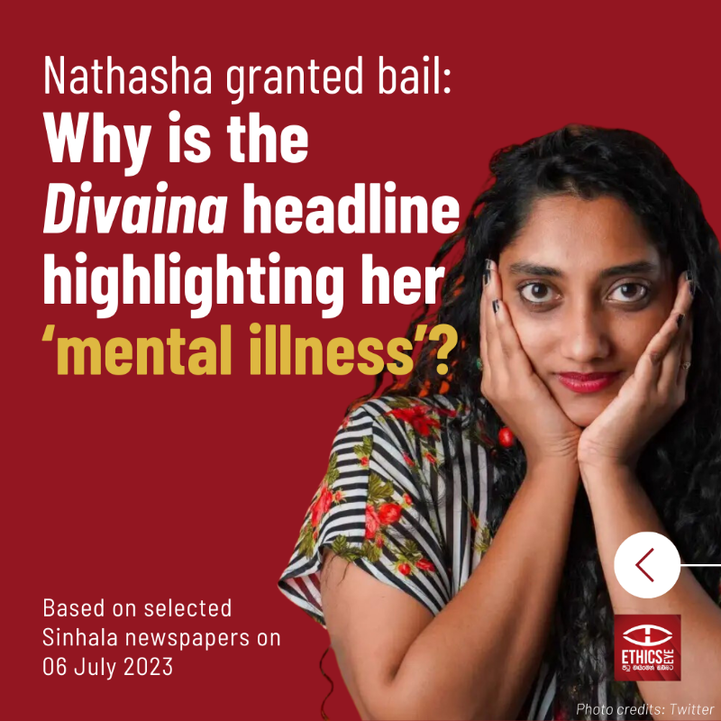 EthicsEye's tweet photo. Comedian Nathasha Edirisooriya was granted bail by the High Court on 05 July after the ruling that her comments do not fall under the provisions of hate speech in the ICCPR.🧑🏾‍⚖️

How ethical is it that Divaina highlighted her mental illness and depression in its reporting❓ 1/2