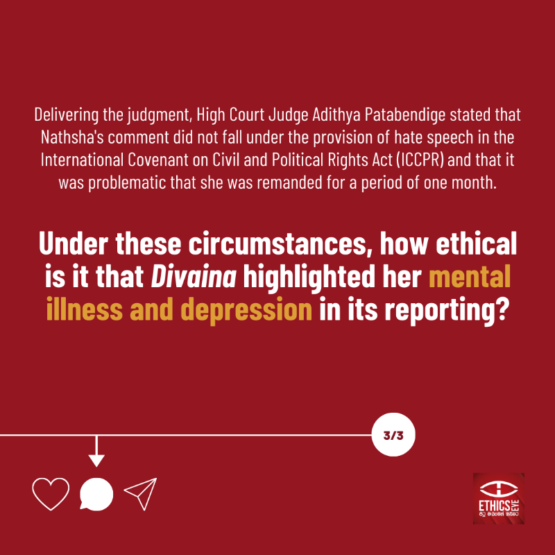 EthicsEye's tweet photo. Comedian Nathasha Edirisooriya was granted bail by the High Court on 05 July after the ruling that her comments do not fall under the provisions of hate speech in the ICCPR.🧑🏾‍⚖️

How ethical is it that Divaina highlighted her mental illness and depression in its reporting❓ 1/2