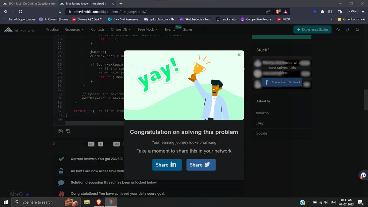 blackJaguar__'s tweet photo. Hello All, I have completed #Day068 of #365DaysofCode Challenge with
@scaler_official
Today I solved the question-Min Jumps Array Scaler discord community link: https://t.co/vhU0Rxss6V #scalerdiscord #codewithscaler https://t.co/2rUBAwgKAS