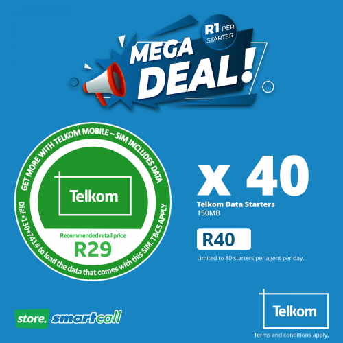 TelkomMYSIM's tweet photo. Visit our online store today and get 40 #TelkomData starters for only R40.
To claim your free data dial * 130*741#. T&Cs apply!
Order here https://t.co/PLzHjl4MNS https://t.co/DwMleHRrQ1