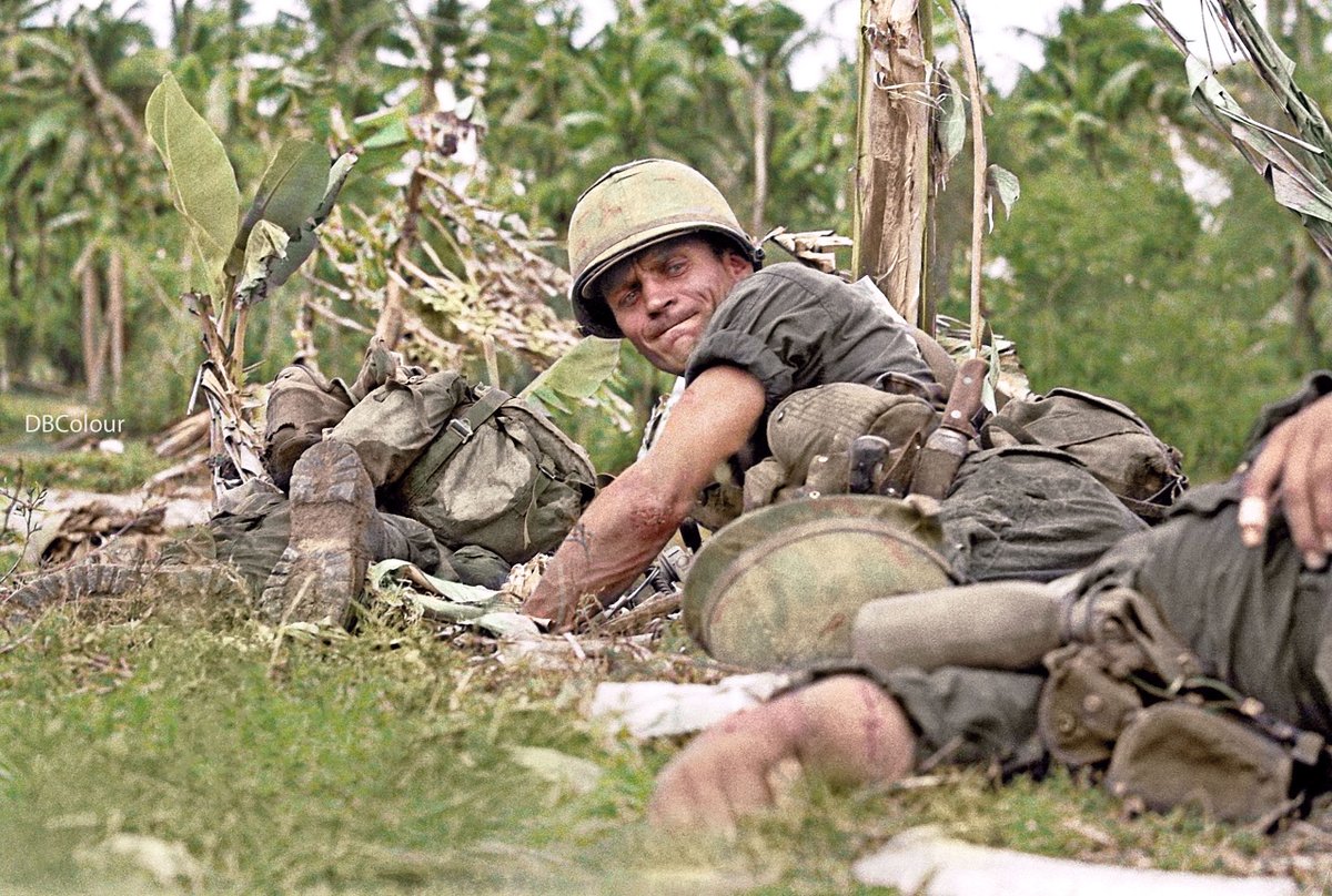 Sergeant Joe “Rock” Musial of 'D' Company, 1/8th Cavalry Regt. looks behind him at a severely wounded GI, as he crawls towards the corpse of a fallen GI, Bon Song Plain, 14 February 1967. 
Photographer - Robert Hodierne,