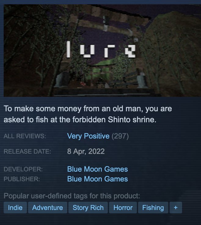 Only 3 more reviews to reach 300 🐟🪝

store.steampowered.com/app/1849040/lu…

#gamedev #horrorgame