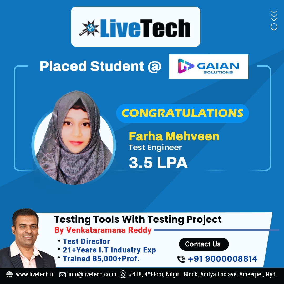 LiveTechTesting's tweet image. Congratulations on securing your dream software job! Wishing you a fulfilling and successful career ahead!
Please visit our website :livetech.in
Placements : facebook.com/livetechqa
For more details Please call us on 9000008814
#softwaretesting
#manualtesting