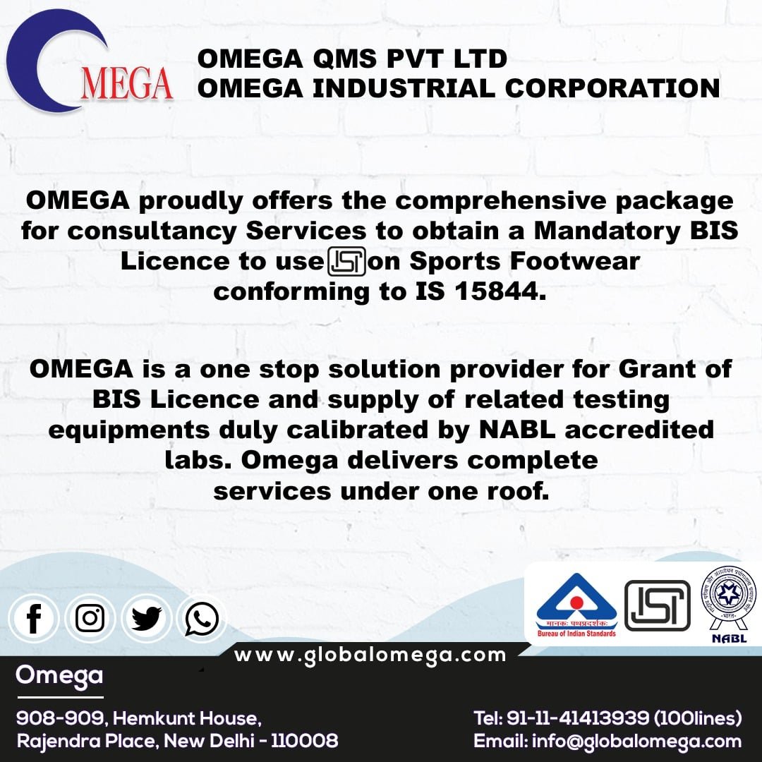 QmsOmega's tweet photo. OMEGA proudly offers a comprehensive package for consultancy services to obtain a mandatory BIS license to use ISI mark on sports footwear conforming to IS 15844. Contact us for more info

#certification #shoes #training #isi #bis #bislicense #business #career #testingequipments https://t.co/sugmn5LszH
