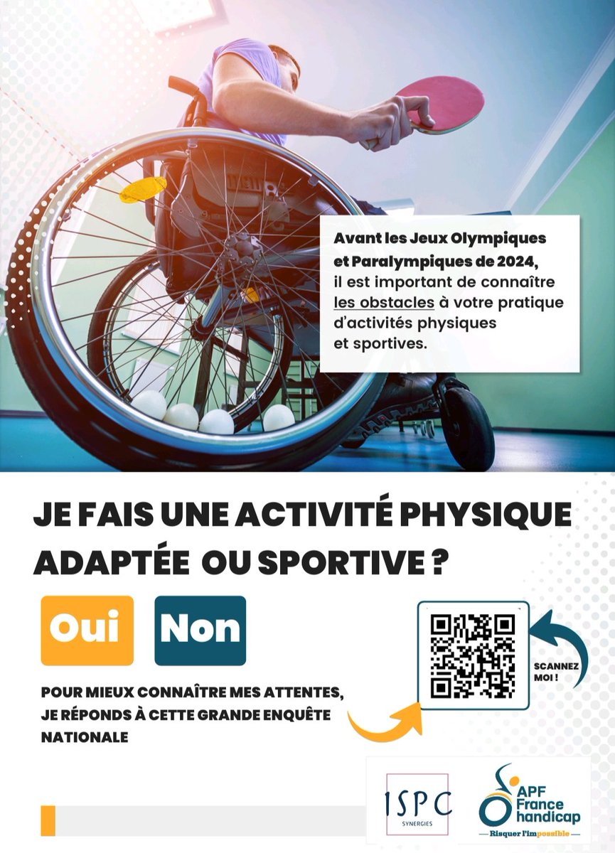 🤓👩‍🦽Grande enquête nationale pour mieux connaître la pratique d’activités physiques et sportives des personnes en situation de handicap.

👉 Le questionnaire n'attend que vous 🤩
forms.office.com/e/EJCmG6n8zN

#APFFrancehandicap 
#accessibilité 
#sport