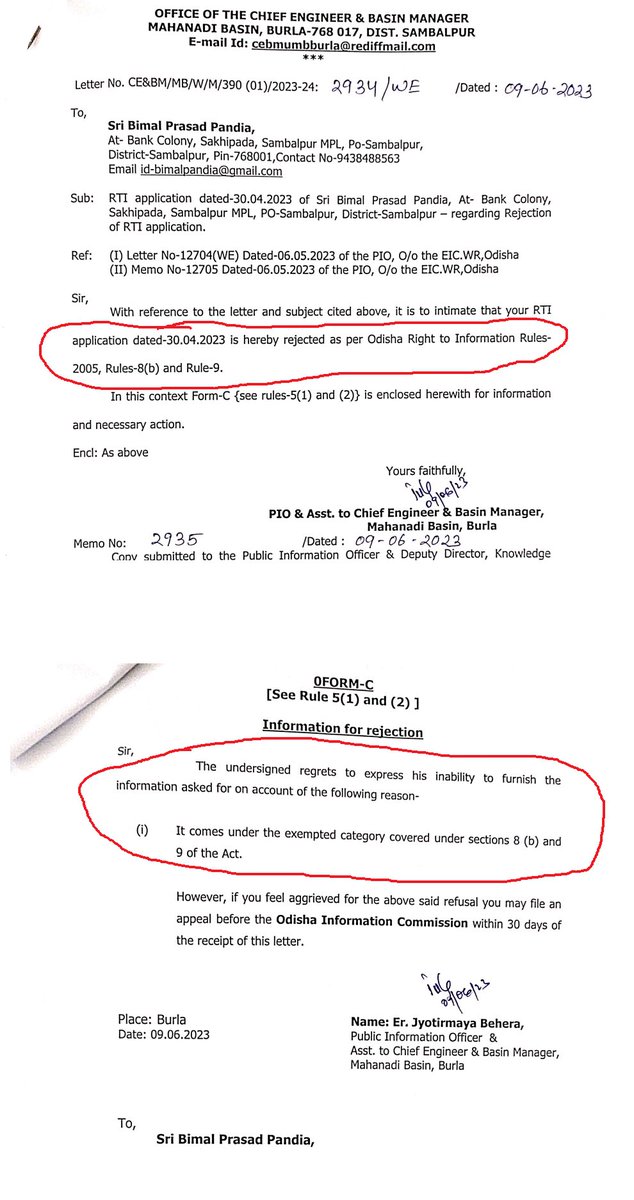 bimalpandia's tweet image. Some objective questions to @OdishaWater &amp;amp; its PIO. 

While rejecting my #RTI application, 
1. Page 1 of your letter mentions that you have rejected under #Rule8(b), &amp;amp; #Rule9 of #RTI_Rule.
2. At page 2, you say, you are invoking #Section8(b) &amp;amp; #Section9 of #RTIAct.
#Rule or #Act?