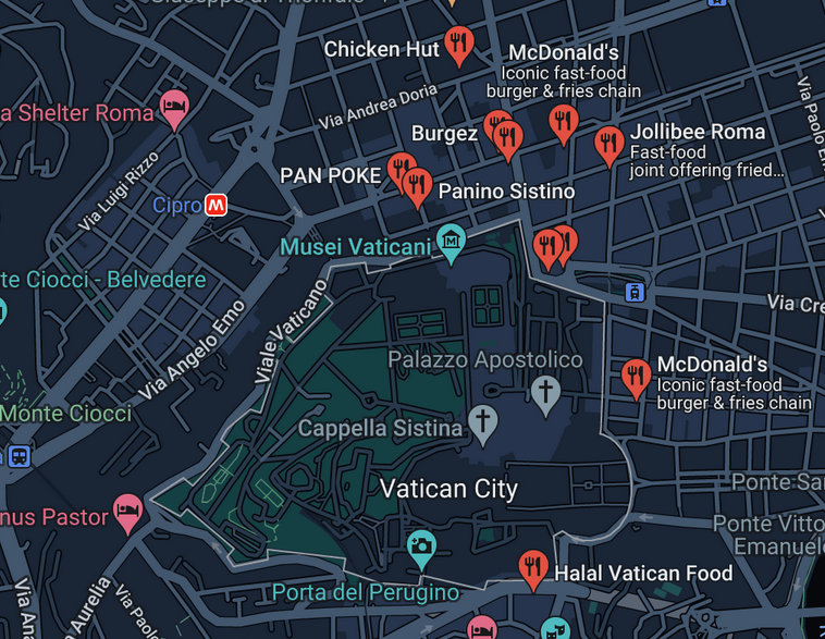 PopulismUpdates's tweet photo. At least 2 McDonald's within walking distance of the Vatican https://t.co/NRa6dZaFZB