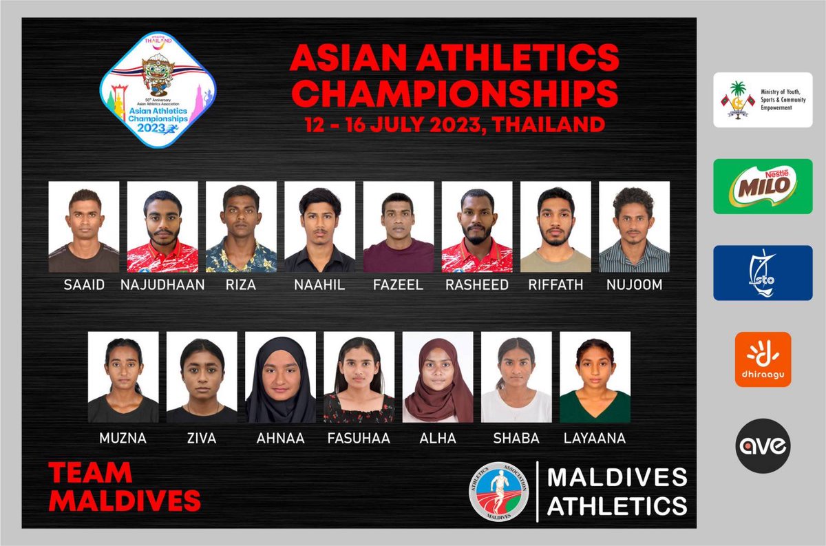 Announcing the Maldives Athletics Team for the Asian Athletics Championships 2023
Congratulations <a href="/SaaidKalhey/">Hassan Saaid</a>, Najudhaan, <a href="/rizamaldives/">hussain riza</a>, Naahil, <a href="/HussainFazeel12/">Flash</a>, Rasheed, Riffath, <a href="/NujoomHassan/">nujoom hassan</a>, Muzna, Ziva, Ahna, Fasuha, Alha, Shaba, Layana 
All the Best Team 🇲🇻