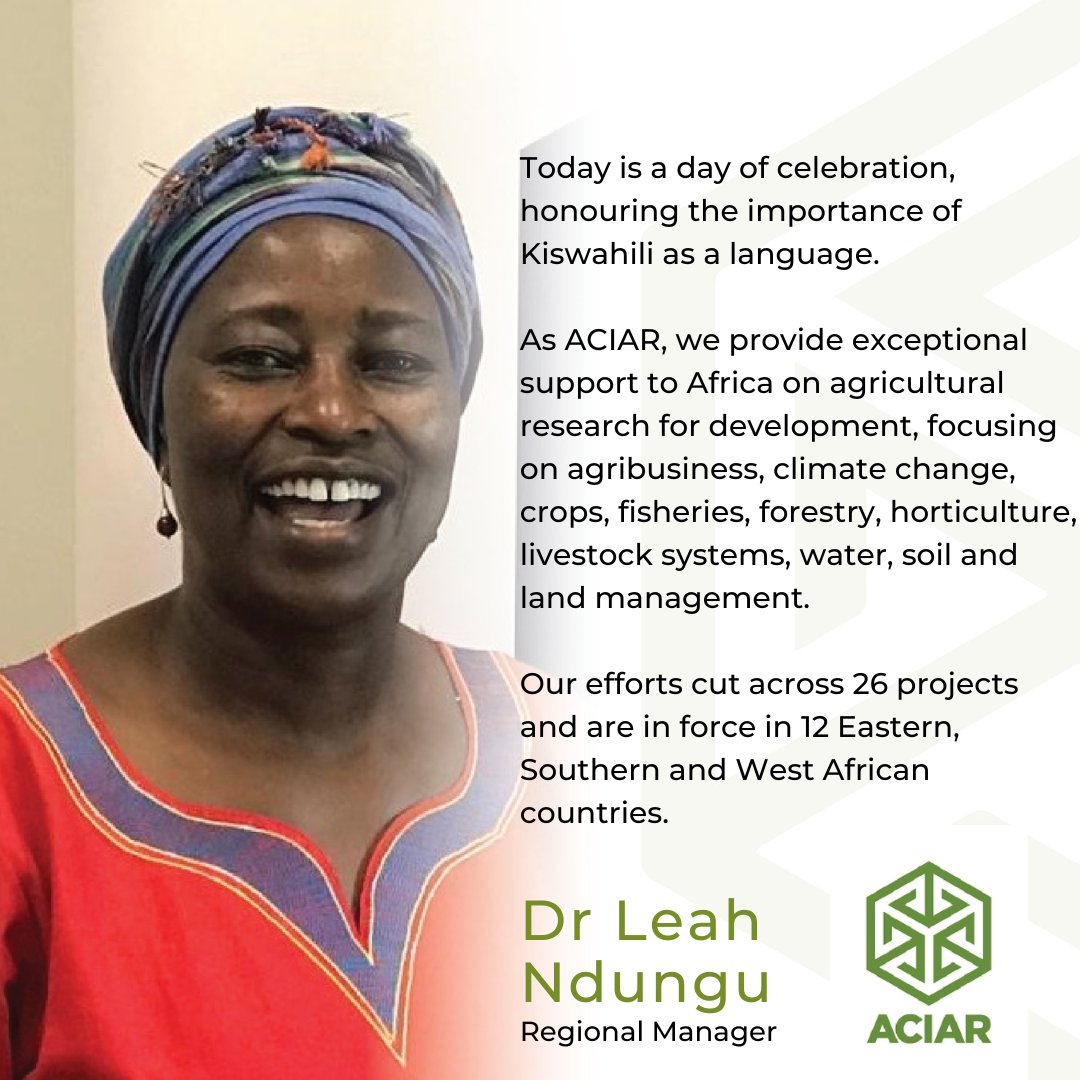 Leo ni siku ya 🎉/kuenzi #Kiswahili.

Kama <a href="/ACIARAfrica/">ACIAR in Eastern and Southern Africa</a>, tunatoa msaada bora 🌍katika utafiti wa kilimo kwa maendeleo, tukilenga #mazao #uvuvi #misitu #uhortikultura #mifugo #maji #udongo na #usimamizi wa ardhi 👉 bit.ly/3O1NrU0

#WorldKiswahiliDay
<a href="/ACIARAustralia/">ACIAR</a>
