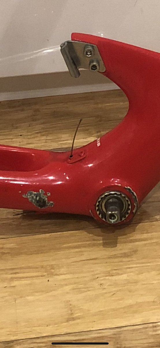 carbonspoke's tweet photo. Kestrel restoration: the good news is that I found my original factory paint; the bad news is that I broke the bottle and cut myself a little getting the cap off. Still, it’s a pretty good match! @kestrelbikes #fireenginered https://t.co/pEuFcsffbN