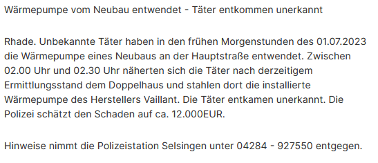 VDemokratie's tweet photo. #Wärmepumpe von einem Neubau in #Rhade (#Selsingen) gestohlen.
Die Tat ereignete sich am 01.07. zwischen 02.00 Uhr und 02.30 Uhr.
Wer kann Hinweise geben? https://t.co/our4rwkitN
