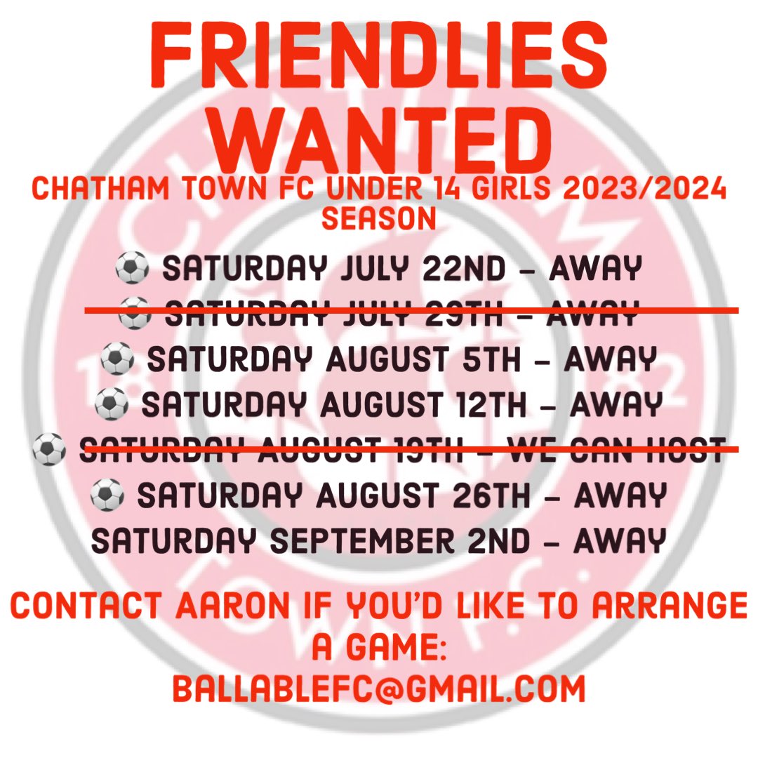 Aaron Kempster (@ak47sorare) on Twitter photo Looking for U14 girls friendlies over the summer.
If you’re interested please get in touch.
<a href="/ChathamTownFC/">Chatham Town</a> <a href="/ChathamTownWFC/">Chatham Town Women</a> @jpluk <a href="/JPL_WARRIORS/">JPL Warriors 🛡️</a> <a href="/TalkingWoSo/">Talking WoSo</a> <a href="/WoSo_Friendlies/">WoSo Friendly Finder</a> <a href="/KentFA/">Kent FA ⚽</a> Looking for U14 girls friendlies over the summer.
If you’re interested please get in touch.
<a href="/ChathamTownFC/">Chatham Town</a> <a href="/ChathamTownWFC/">Chatham Town Women</a> @jpluk <a href="/JPL_WARRIORS/">JPL Warriors 🛡️</a> <a href="/TalkingWoSo/">Talking WoSo</a> <a href="/WoSo_Friendlies/">WoSo Friendly Finder</a> <a href="/KentFA/">Kent FA ⚽</a>