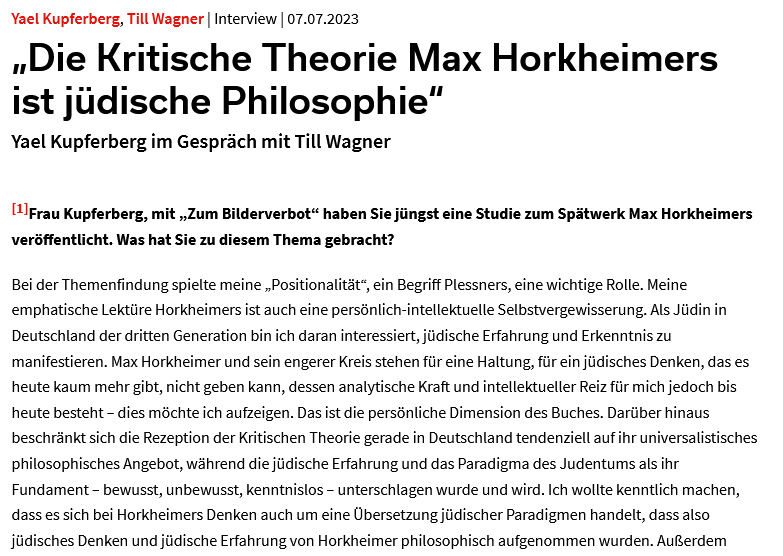 Anlässlich des 50. Todestags von Max #Horkheimer publizieren wir ein Gespräch, das Till Wagner mit Religionsphilosophin Yael Kupferberg über ihre Studie zu Horkheimers Spätwerk und die Verdrängung des jüdischen Moments der Kritischen Theorie geführt hat.

soziopolis.de/die-kritische-…