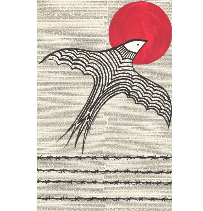 BahaiBIC_Rights's tweet photo. Collage titled “Freedom Soaring”, commemorating the 40th anniversary of the execution of 10 Bahá’í women. The background are pages from the book Zahra’s Paradise, a graphic novel about Iran. At the back of the book the authors include the names of 16,901 Iranians, including Bahá’í, executed, shot in demonstrations or assassinated between 1979 and 2009. On the wings of the bird are inscribed the names of the ten women of Shiraz as well as other Baha’i women killed for their beliefs as documented in Mahmehr Golestaneh’s book A Tribute to the Faithful published by her in 1992.

#OurStoryIsOne 

اثر ارسالی به کمپین #داستان_ما_یکیست 
در پس‌زمینه، صفحاتی از کتاب بهشت‌زهرا - رمان مصوری درباره‌ی ایران دیده می‌شود. در این کتاب، نویسنده اسامی ۱۶۹۰۱ ایرانی که از انقلاب ۵۷ تا ۱۳۸۸ کشته شدند را نوشته است.