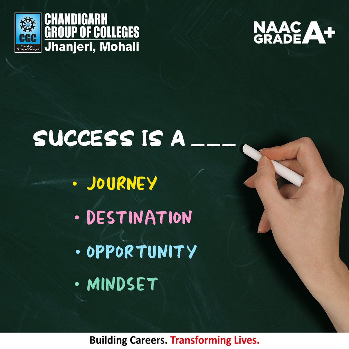 cgcuniversity's tweet photo. Everyone has a different definition of success. Fill in your thoughts about success CGCians, and comment below your answers. 😇💚
.
.
.
#whatissuccess #successsecrets #destination #cgcjhanjeri #mindsetofgreatness #Journey #successdefination #cgcians✌#comment #viral #cgc #trendingnow #cgcj #buildingcareers❤️ #transforminglives #definesuccess