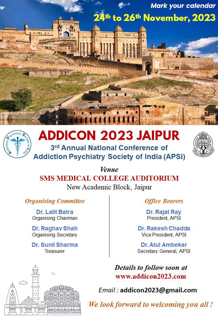 Proud to announce the dates for much awaited annual event of addiction psychiatry, #ADDICON2023. save the dates: 24-26 November 2023. Jaipur.