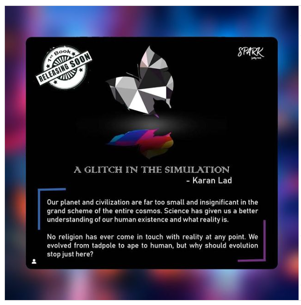 iKaranLad's tweet photo. Releasing soon ....

#DebutAuthor #DebutBook #BookRelease #ReleasingSoon #booklaunch #AGlitchInTheSimulation #KaranLad #TrendingNow  #trending2023 https://t.co/Cel3bnzivj