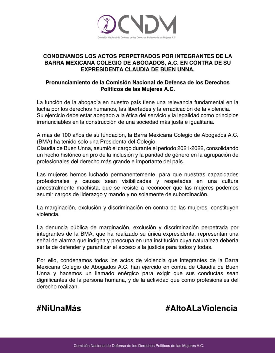 CndMujeres's tweet photo. Condenamos los actos de violencia que integrantes de la @BMA_Abogados han ejercido en contra de @clausdebuen y hacemos un llamado enérgico para exigir que sus conductas respeten los derechos de las mujeres y sean dignas de la actividad que como profesionales del derecho realizan. https://t.co/tGQ2wnfGYU