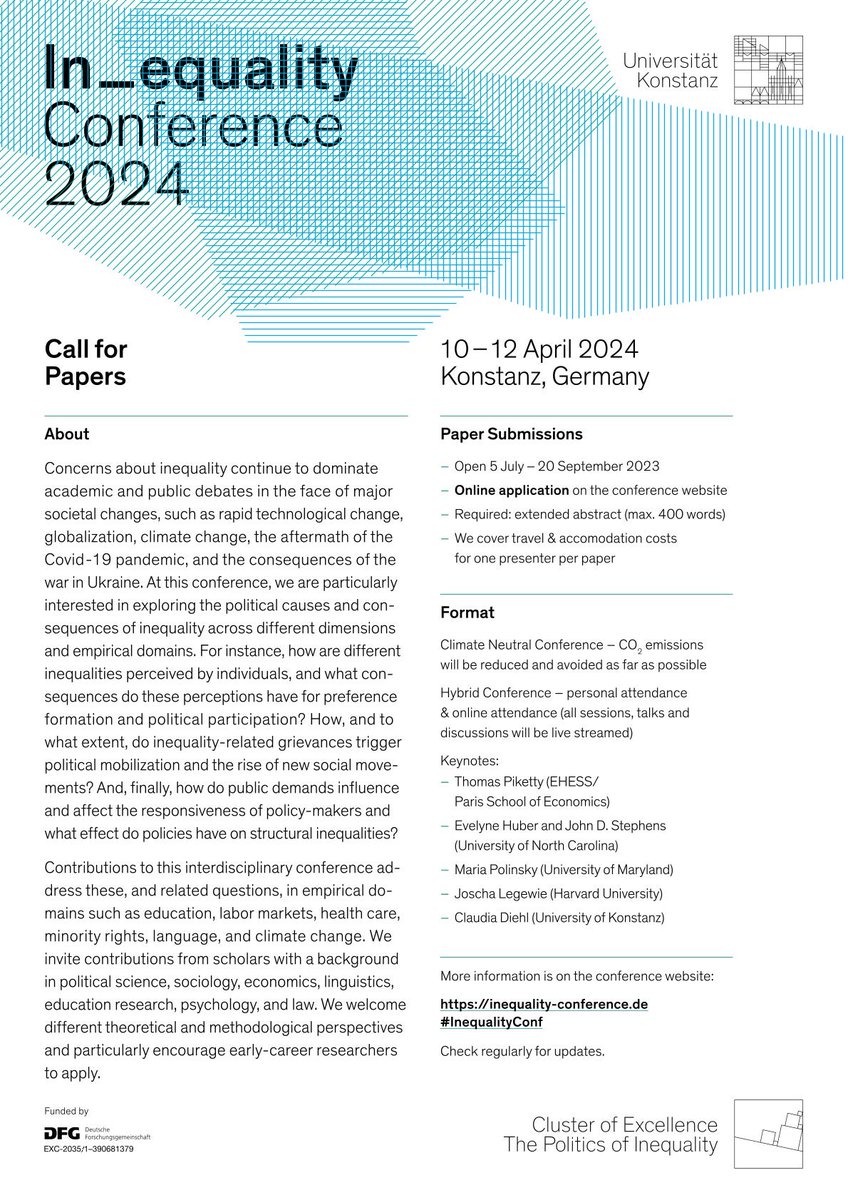 Politics of Inequality (@excinequality) on Twitter photo Call for Papers - spread widely: #EXCInequality invites you to join the next #InequalityConf in April 2024! Submit your paper on inequality research until 20th of Sept. More Info: inequality-conference.de <a href="/UniKonstanz/">Universität Konstanz</a> Call for Papers - spread widely: #EXCInequality invites you to join the next #InequalityConf in April 2024! Submit your paper on inequality research until 20th of Sept. More Info: inequality-conference.de <a href="/UniKonstanz/">Universität Konstanz</a>