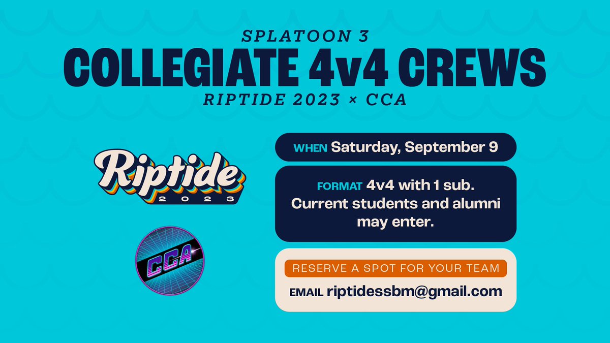 Riptide (@riptidessb) on Twitter photo Diving even further into the collegiate space, we are proud to announce the first ever Collegiate Splatoon 3 event in collaboration with the <a href="/CCA_Splatoon/">Collegiate Cephalopod Association</a>!
Interested teams please send an email to riptidessbm@gmail.com for more information and to reserve a spot! Diving even further into the collegiate space, we are proud to announce the first ever Collegiate Splatoon 3 event in collaboration with the <a href="/CCA_Splatoon/">Collegiate Cephalopod Association</a>!
Interested teams please send an email to riptidessbm@gmail.com for more information and to reserve a spot!