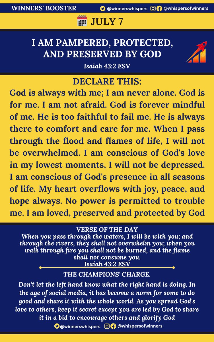 WinnersWhispers's tweet image. Declare this:
God is always with me; I am never alone. God is for me. I am not afraid. God is forever mindful of me. He is too faithful to fail me. He is always there to comfort and care for me. When I pass through the flood &amp;amp; flames of life, I will not be overwhelmed. I'm lifted