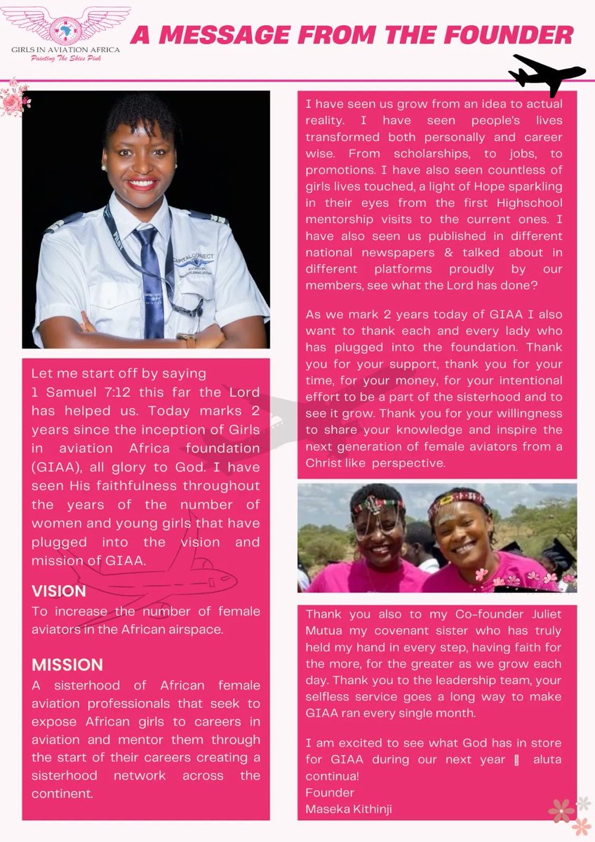 Happy 2nd Anniversary to GIAA 🥳🌸

#womenthatflyplanes #aviatrixlife #womeninaviation #aviatrix #girlsinaviationafrica #paintingtheskiespink #femaleflightengineer #femalepilots #generalaviation #aviationkenya #femaleairtrafficcontroller #femaleflightdispatcher