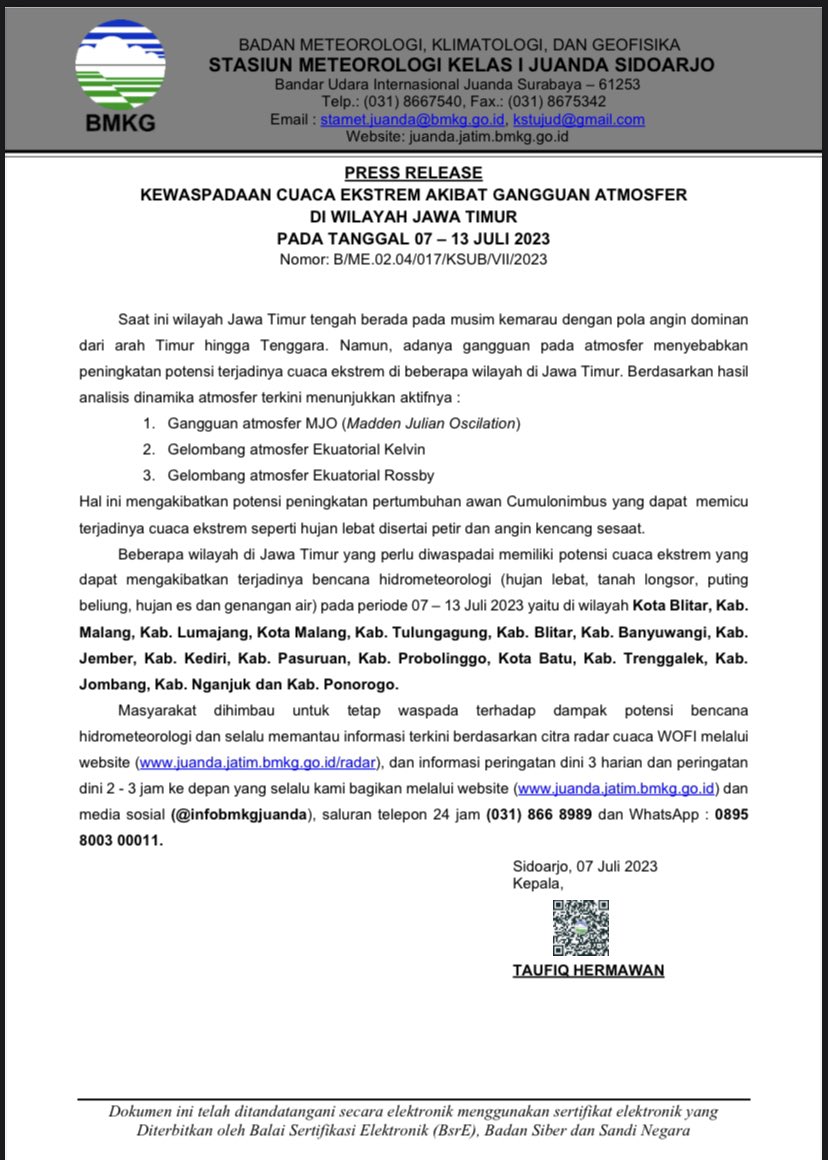 PRESS RELEASE
KEWASPADAAN CUACA EKSTREM AKIBAT GANGGUAN ATMOSFER DI WILAYAH JAWA TIMUR
PADA TANGGAL 07 – 13 JULI 2023