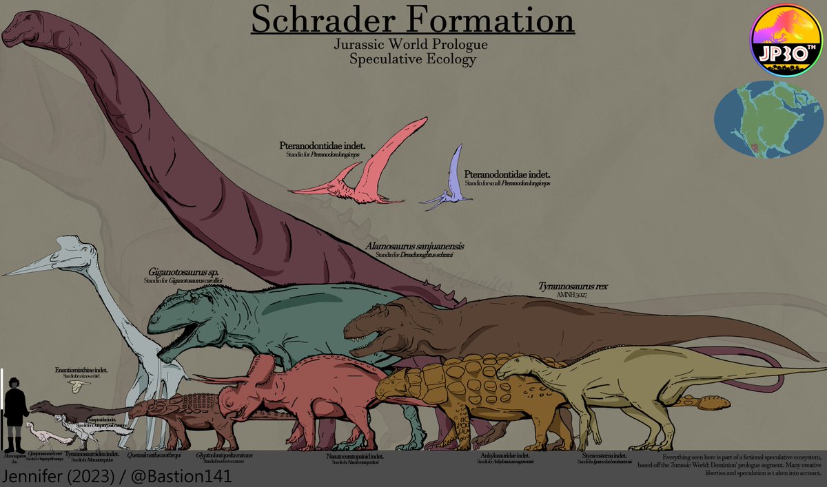 The Schrader Formation, a speculative evolution-ecology U.S-Mexican ecosystem based off the Jurassic #Prologue sequence.
Check out the blogpage explaining and detailing things here on Tumblr!  

#Paleoart #paleontology #jurassicpark30 #speculativeevolution #JurassicPark