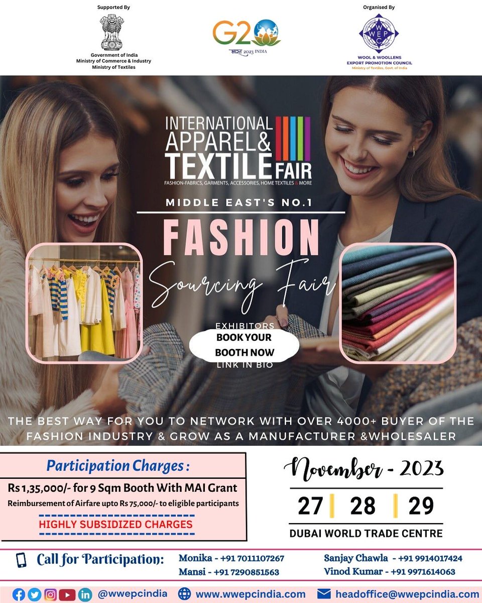 Participate in International Apparel & Textile Fair.
The Best Way for you to Network with over 4000+ Buyers of the Fashion Industry & Grow as a Manufacturer.
.
.
#iatf #apparels #textiles #fashion #growbusiness
#newopportunities #G20India #wwepc