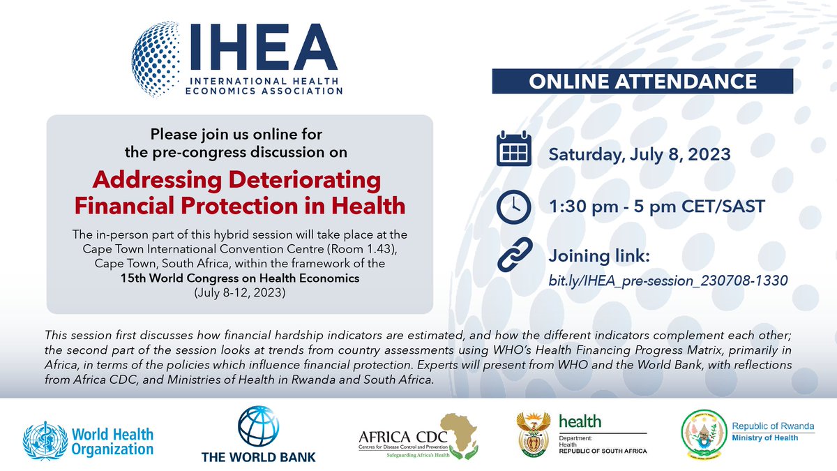 Valérie Dossogne (@valdossogne) on Twitter photo ❗️UPDATE❗️
Do not miss <a href="/WHO/">World Health Organization (WHO)</a>'s pre-congress session on 'Addressing Deteriorating Financial Protection in #Health'
👇 Direct link to join online 👇
🔗 bit.ly/IHEA_pre-sessi…
Keep it on hand tomorrow!
<a href="/healtheconomics/">International Health Economics Association (IHEA)</a> #IHEA #PFM ❗️UPDATE❗️
Do not miss <a href="/WHO/">World Health Organization (WHO)</a>'s pre-congress session on 'Addressing Deteriorating Financial Protection in #Health'
👇 Direct link to join online 👇
🔗 bit.ly/IHEA_pre-sessi…
Keep it on hand tomorrow!
<a href="/healtheconomics/">International Health Economics Association (IHEA)</a> #IHEA #PFM
