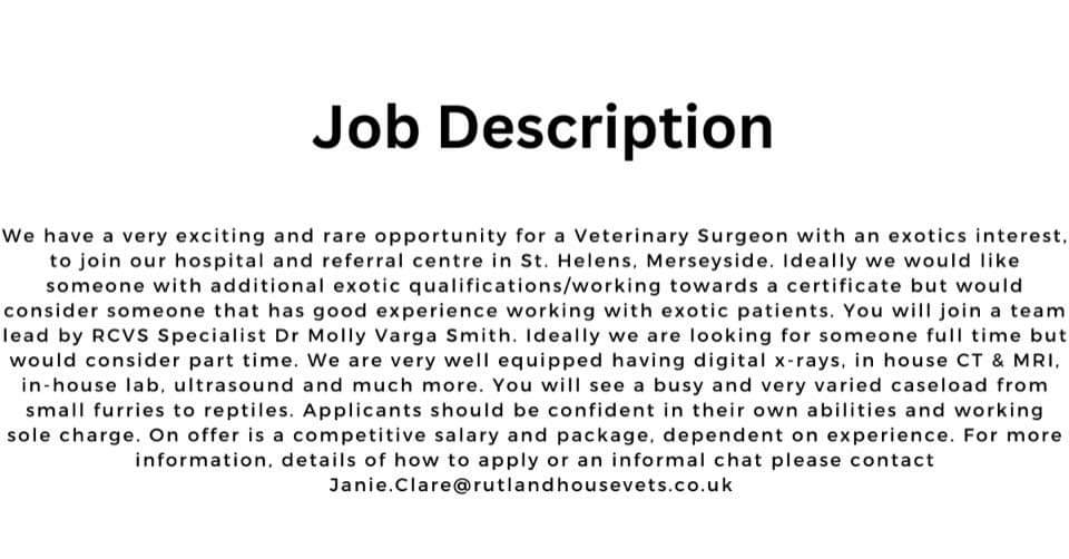 ExoticRvn's tweet photo. We have an exciting opportunity for a veterinary surgeon to come and work with Dr Molly Varga Smith, Gemma Burchall, and myself at Rutland House Vets Exotics Department.
If you are up for a challenge and have an interest in exotics, then get in touch. What are you waiting for ? https://t.co/3yNY349TLl