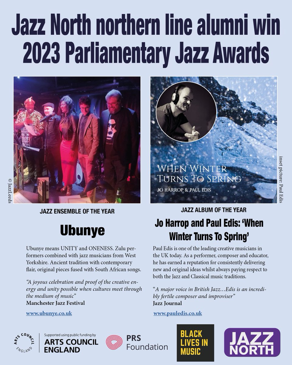 Congratulations to our alumni artists who received Parliamentary Jazz Awards this week.  <a href="/Ubunye1/">Ubunye</a> @PaulREdis <a href="/ace_thenorth/">Arts Council England, North</a> <a href="/BLKLivesinMusic/">Black Lives in Music</a> <a href="/PRSforMusic/">PRS for Music</a> <a href="/Jazzineu/">Jazz In Europe</a> @europejazznet #JazzArtists #awards #JNnorthernline