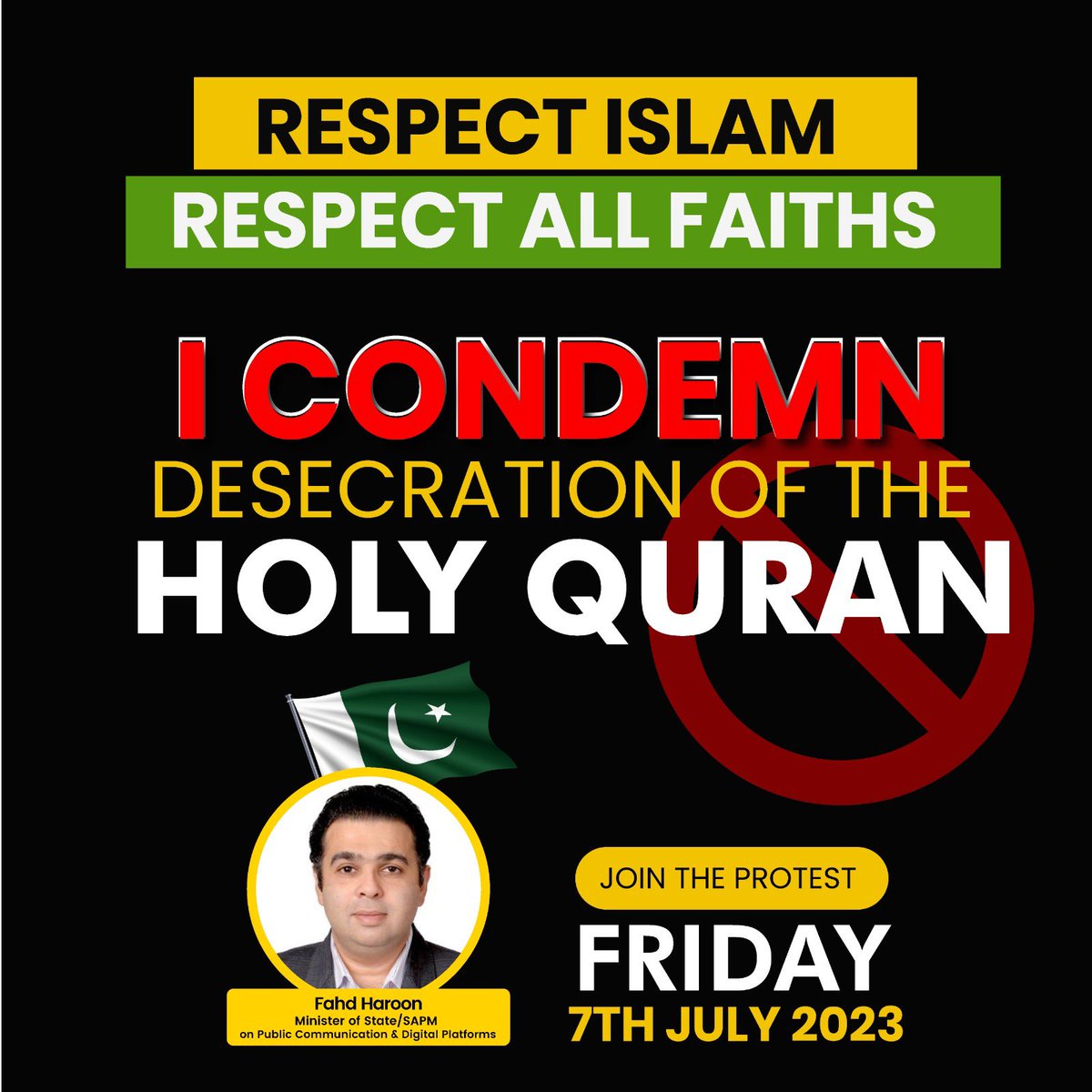 haroon_fahd's tweet photo. Vehemently condemn the desecration of the Holy Quran in Sweden & stand united against all religious acts of hate. Respect, peace & tolerance are fundamental for coexistence. The intolerable act against the Quran in Sweden demands immediate action from global peacekeeping authorities to prevent its recurrence.
#QuranBurningInSweden 
#یومِ_تقدسِ_قرآن_پاکستان