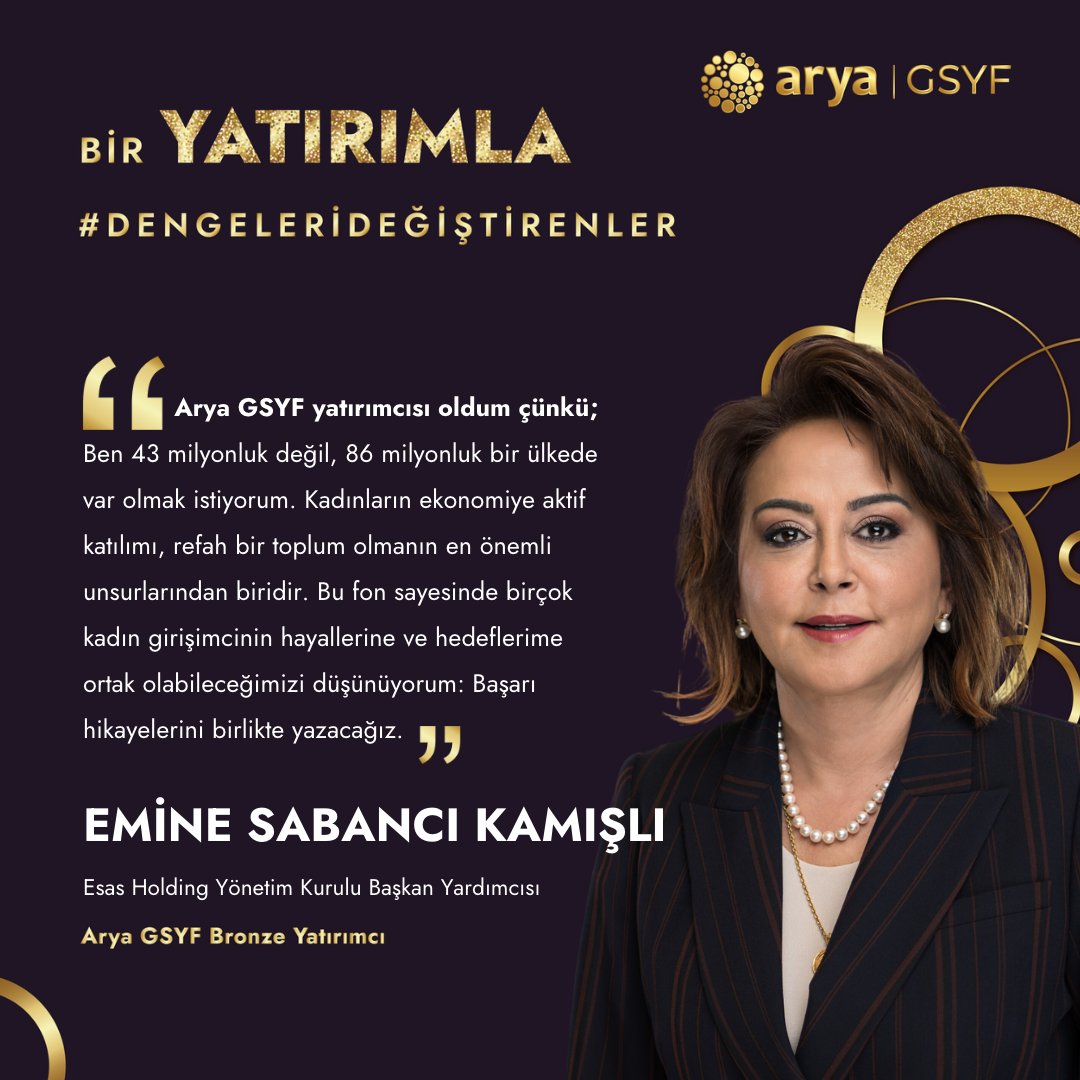 AryaWomen's tweet photo. Arya Girişim Sermayesi Yatırım Fonu'na erken aşamada yatırım yaparak fırsatı ilk gören etki vizyonerlerinden; Esas Holding Yönetim Kurulu Başkan Yardımcısı  Emine Sabancı Kamışlı'nın Bronze yatırımcılarımız arasında olduğunu mutlulukla paylaşıyoruz. https://t.co/PSslxCisFY