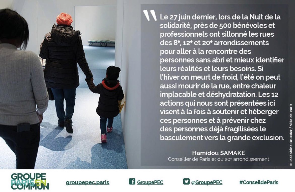 « Si l’hiver on meurt de froid, l’été on peut aussi mourir de la rue, entre chaleur implacable et déshydratation. Nous vous présentons ici 12 actions qui visent à soutenir et héberger des personnes fragilisés. » <a href="/hamidou_samak/">Hamidou Samaké</a> #ConseildeParis