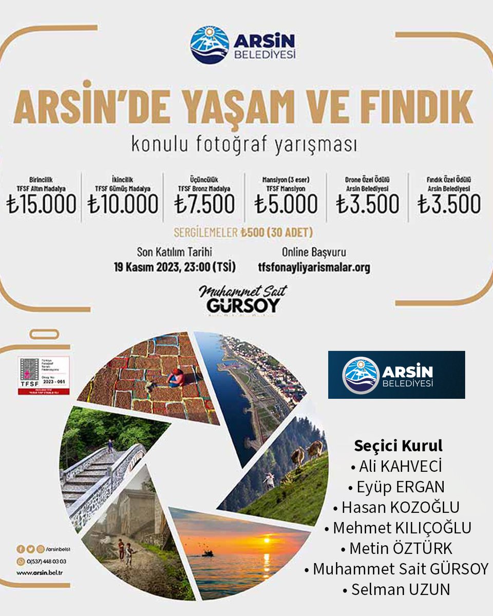 Trabzon’un gelişmekte olan ilçesi Arsin’de, yaşamın çeşitliliğine vurgu yapmak adına ilçenin kültürüne, tarihine ve turizmine katkı sağlamak amacıyla fotoğraf yarışması düzenlenmiştir. Yarışmanın “Arsin’de Yaşam ve Fındık 
<a href="/saidgursoy/">Muhammet Sait GÜRSOY</a> @arsinbel61 <a href="/tfsf_official/">Turkiye Fotoğraf Sanatı Federasyonu</a>